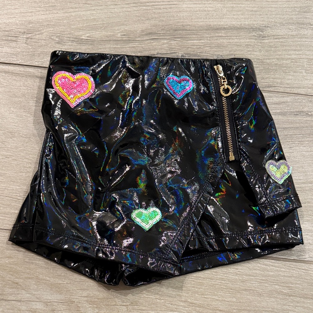 Holographic Black Skort with Heart Details
